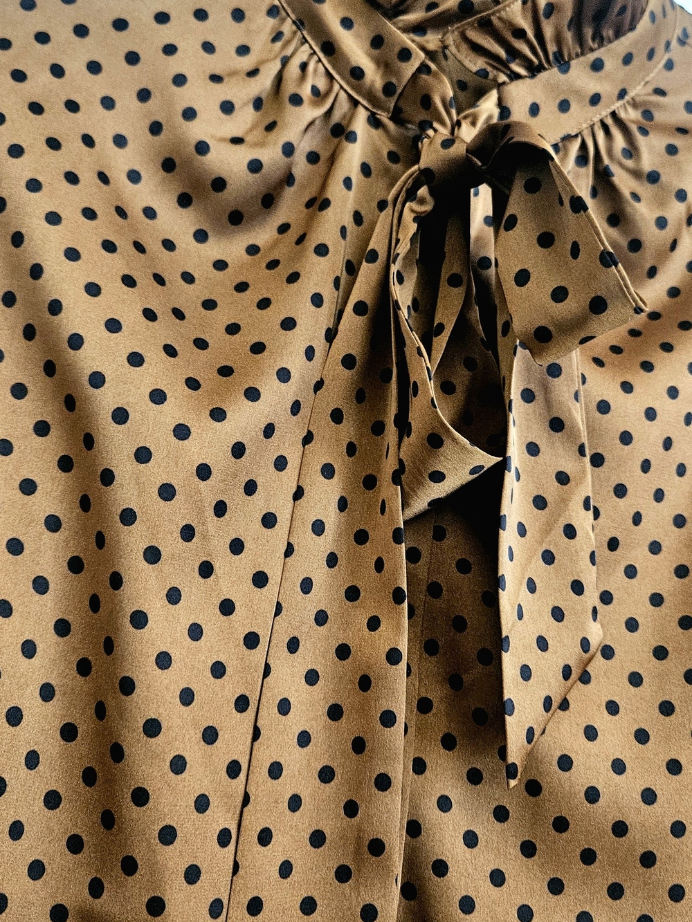Brown Polka Dot Bow-Neck Blouse - Women SIZE S - Picture 10 of 10
